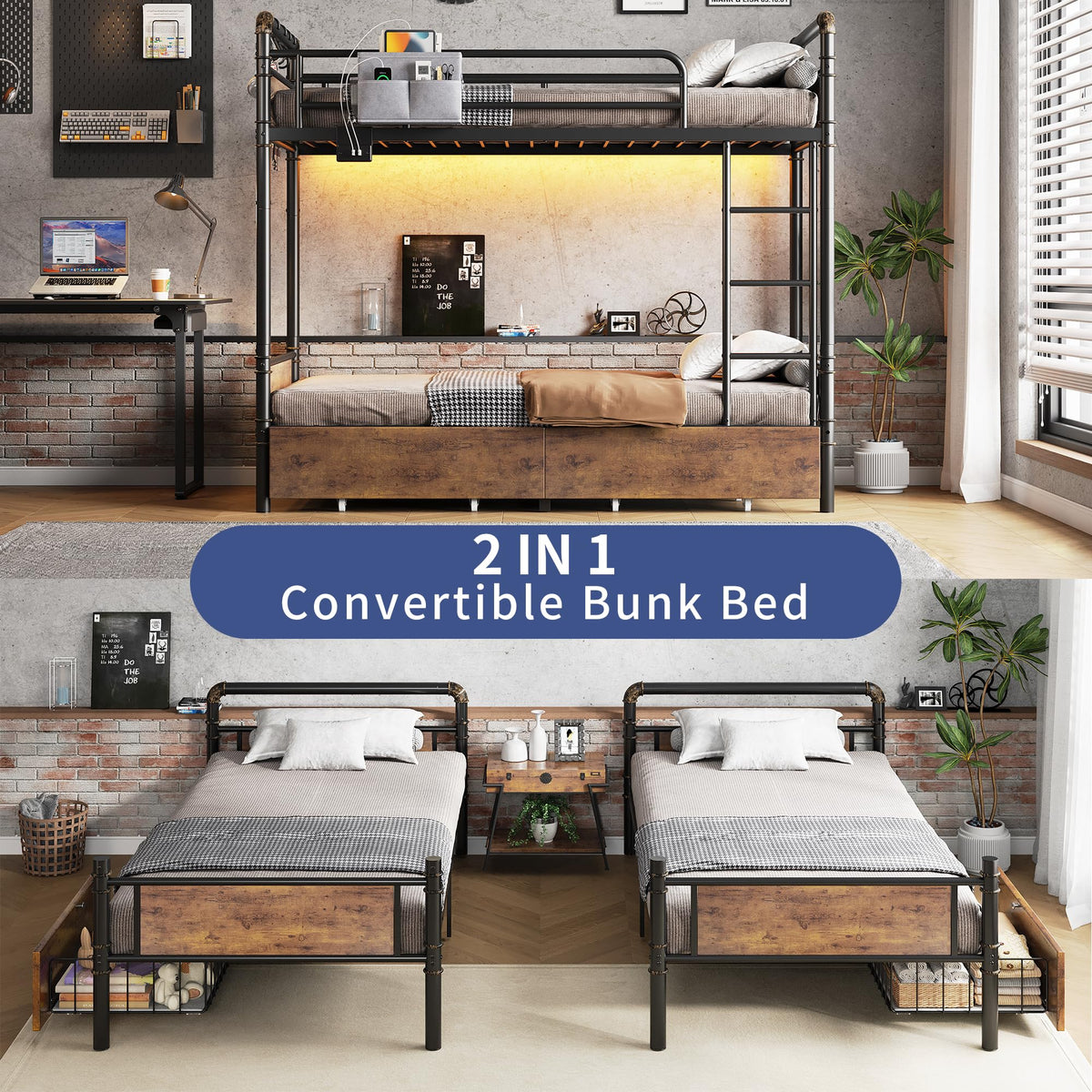 Metal LED Bunk Bed Twin Over Twin with 2 Storage Drawers O93706