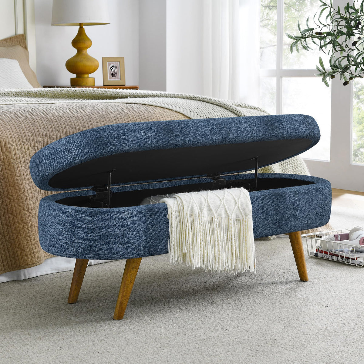 Dark Blue Upholstered Storage Bench with Rubber Wood Legs U64176