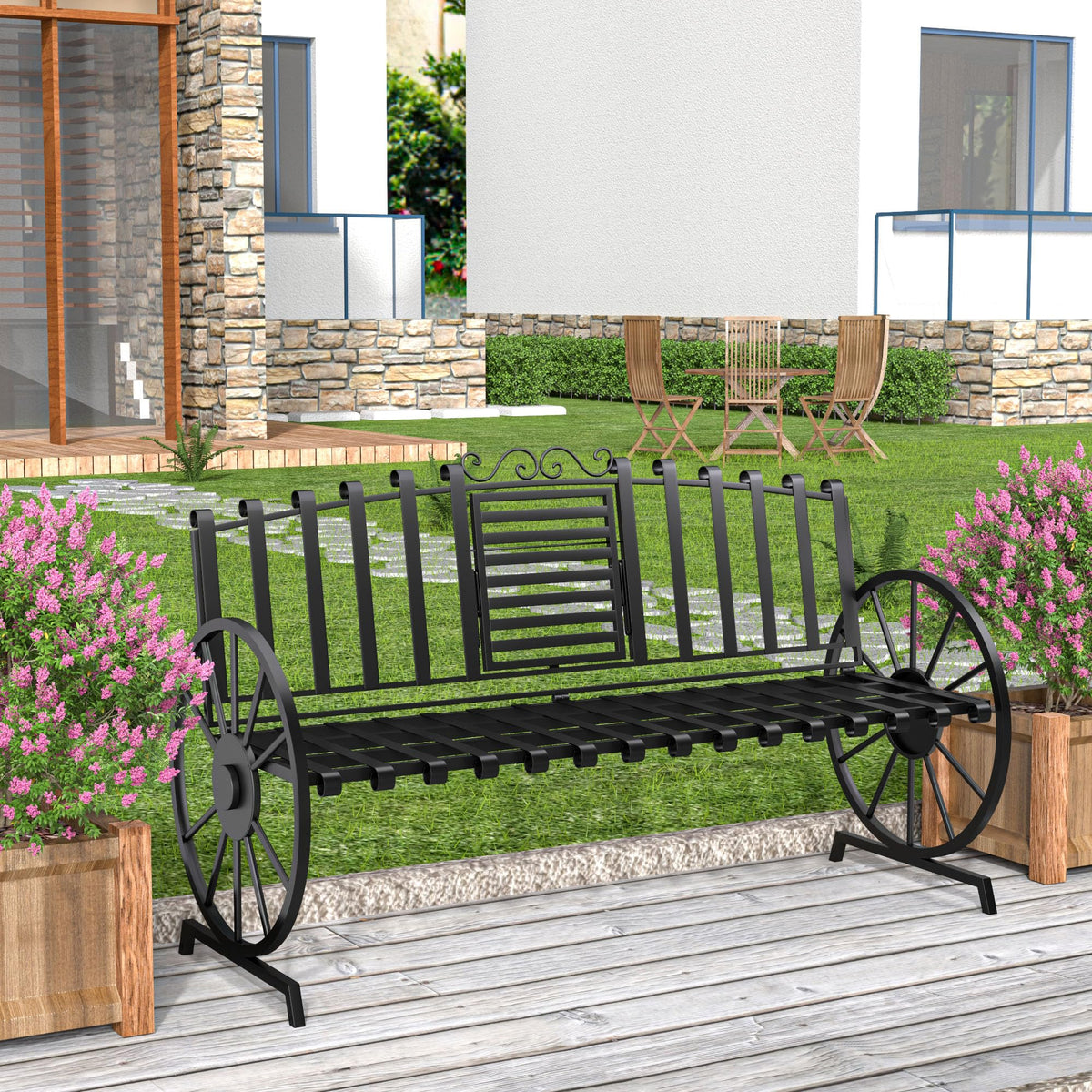Black Outdoor Garden Bench with Built-in Table O353
