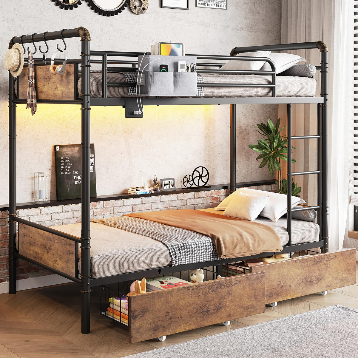 Metal LED Bunk Bed Twin Over Twin with 2 Storage Drawers O93706