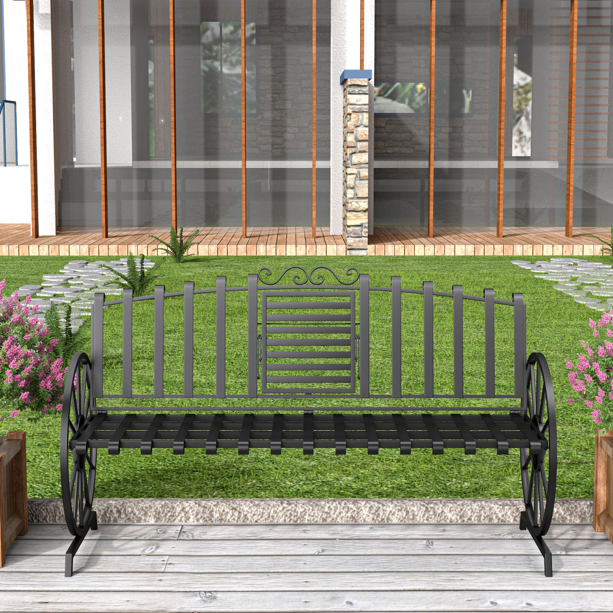 Black Outdoor Garden Bench with Built-in Table O353