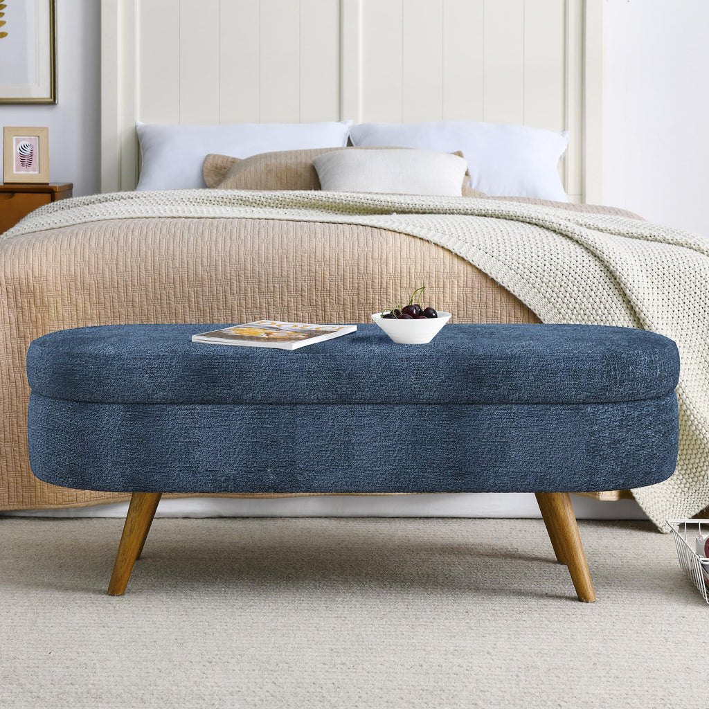 Dark Blue Upholstered Storage Bench with Rubber Wood Legs U64176